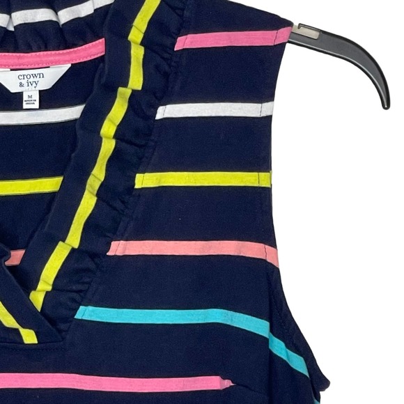 Crown & Ivy Ruffle V-Neck Navy Striped Sleeveless Dress Casual Career Job Medium - Picture 4 of 8
